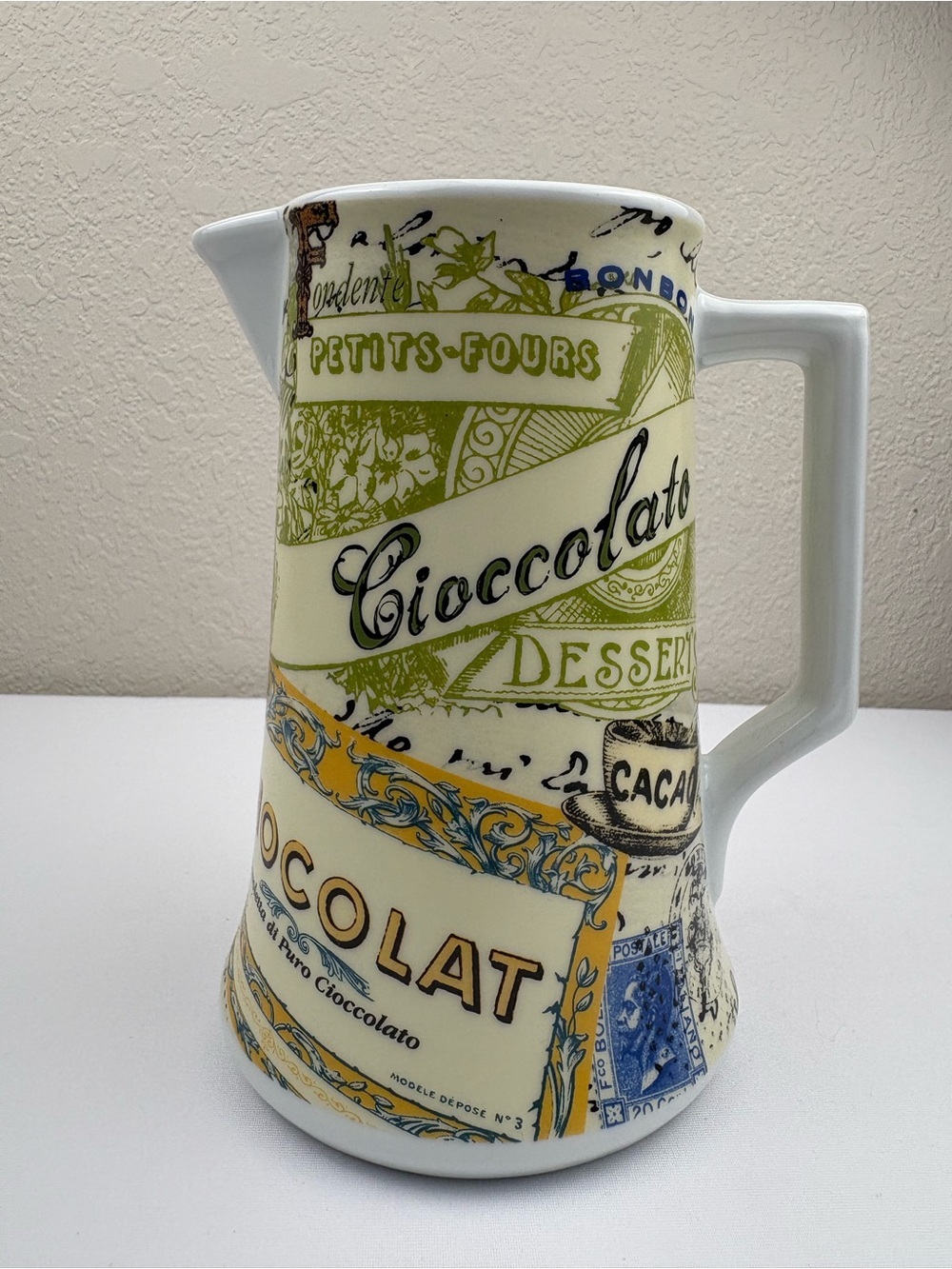 Rosanna Cioccolato Ceramic Pitcher Decorated with Vintage French Style Labels